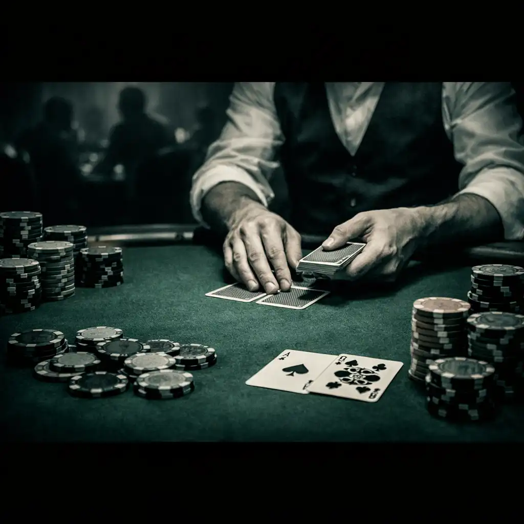 Premium poker table with green felt, real cards, and high-grade chips under low warm lighting in the Card Lounge at Card Hall Brumby