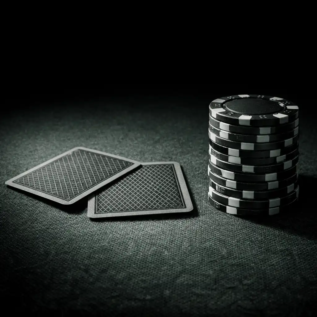 Close-up of a premium poker table surface with green felt, real playing cards, and stacks of high-grade chips under dramatic low lighting