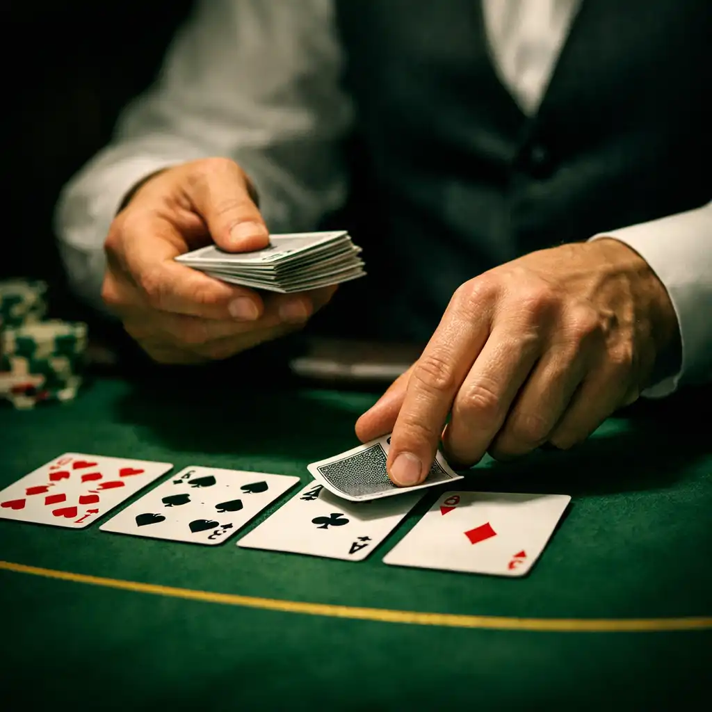 Professional dealer hands dealing playing cards onto a poker table