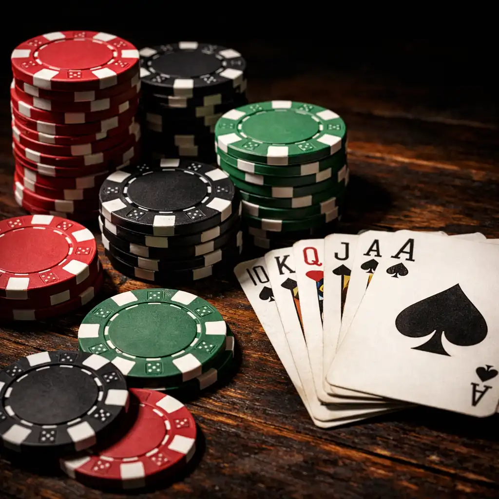 Close-up of premium poker chips and playing cards on a dark wooden table