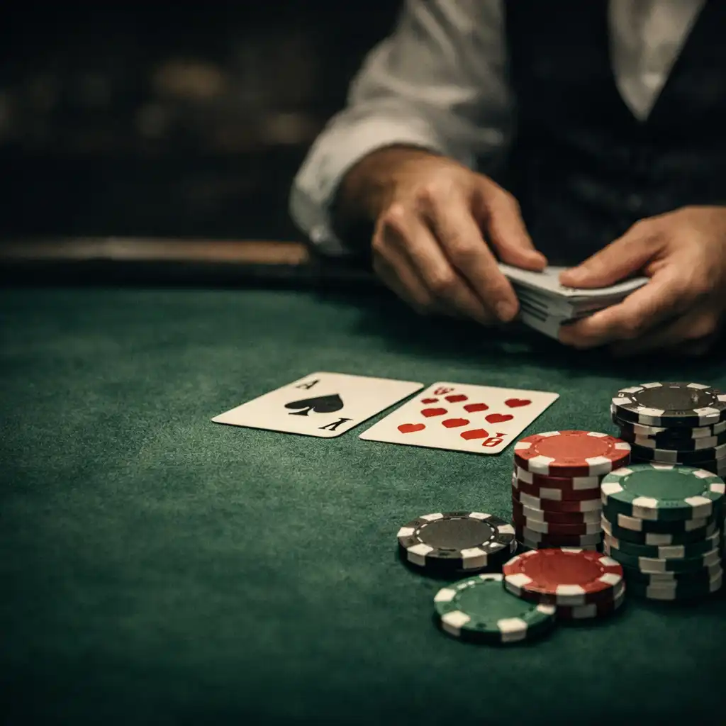 Professional poker table with real cards and chips under low warm lighting at Card Hall Brumby