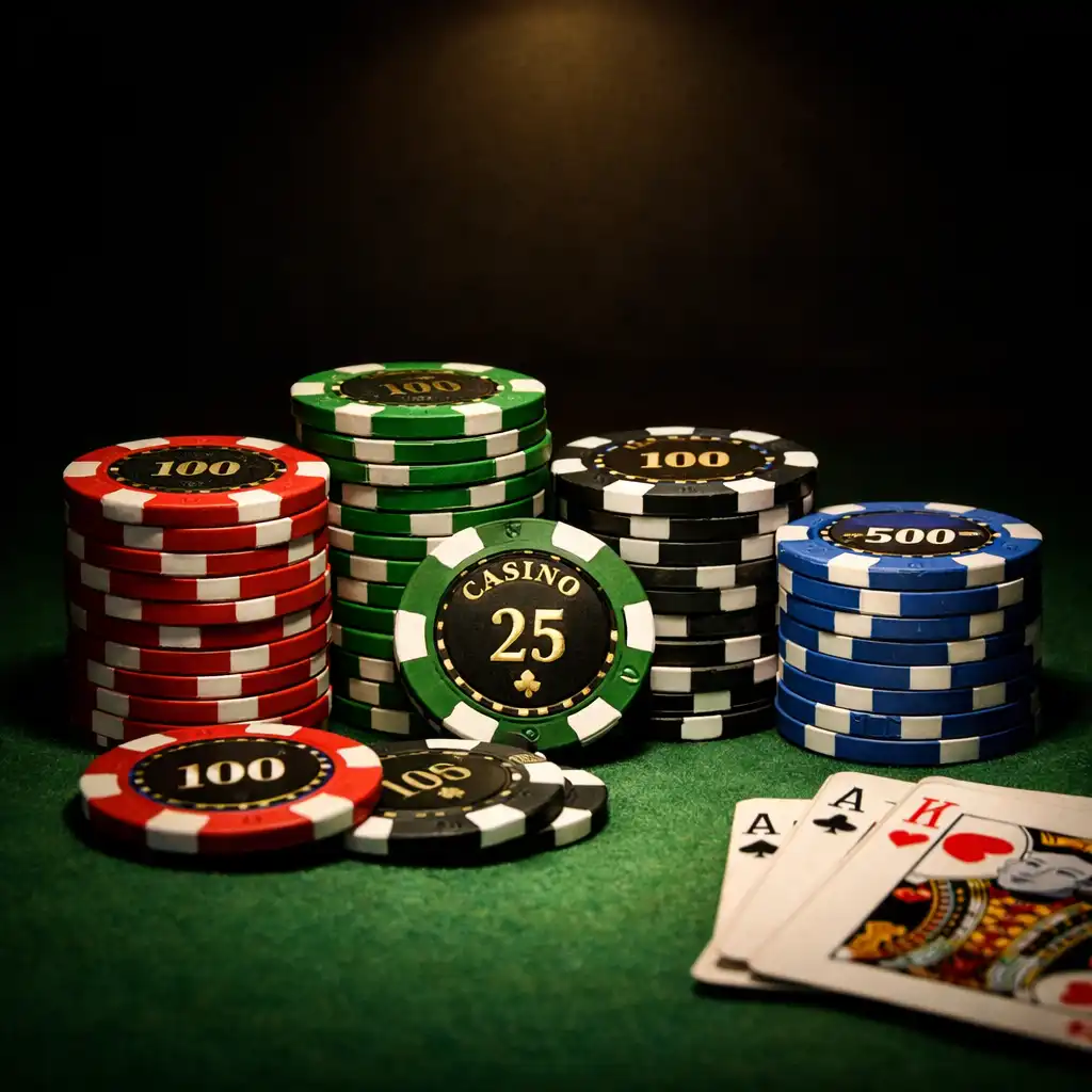 High-grade poker chips stacked in neat piles with playing cards on a poker table