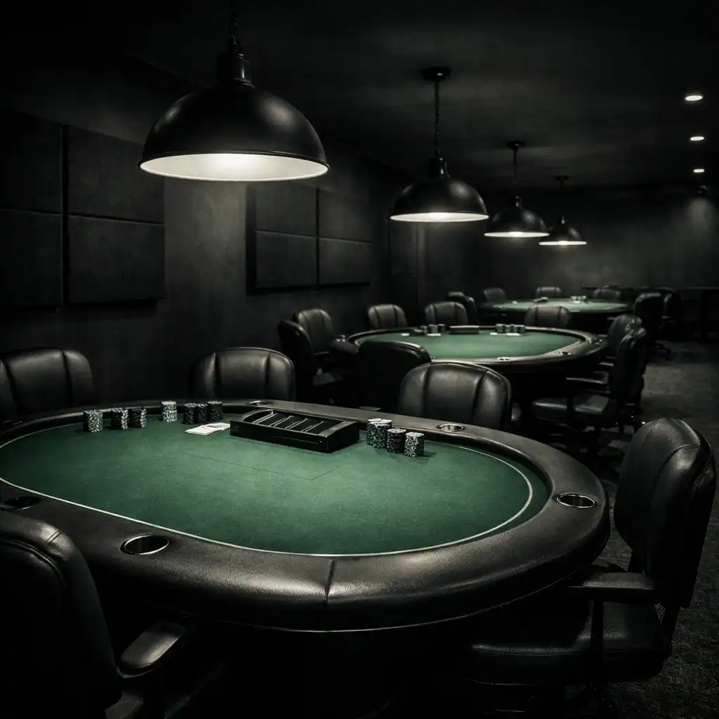 Wide view of the Card Hall Brumby poker room with multiple tables under focused pendant lights