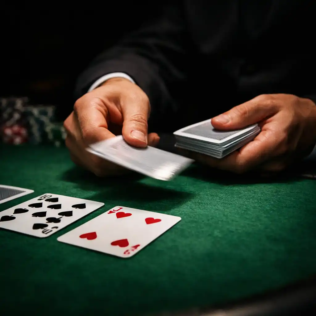 Dealer's hands dealing plastic playing cards onto a green felt poker table