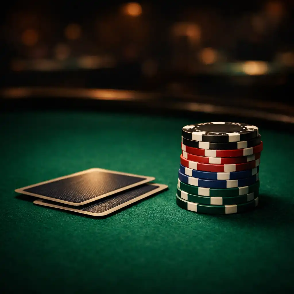 Professional poker table with weighted chips and playing cards under low amber lighting in the Card Hall Brumby poker room