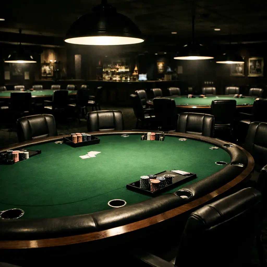 Wide view of the dark, atmospheric poker room with premium tables