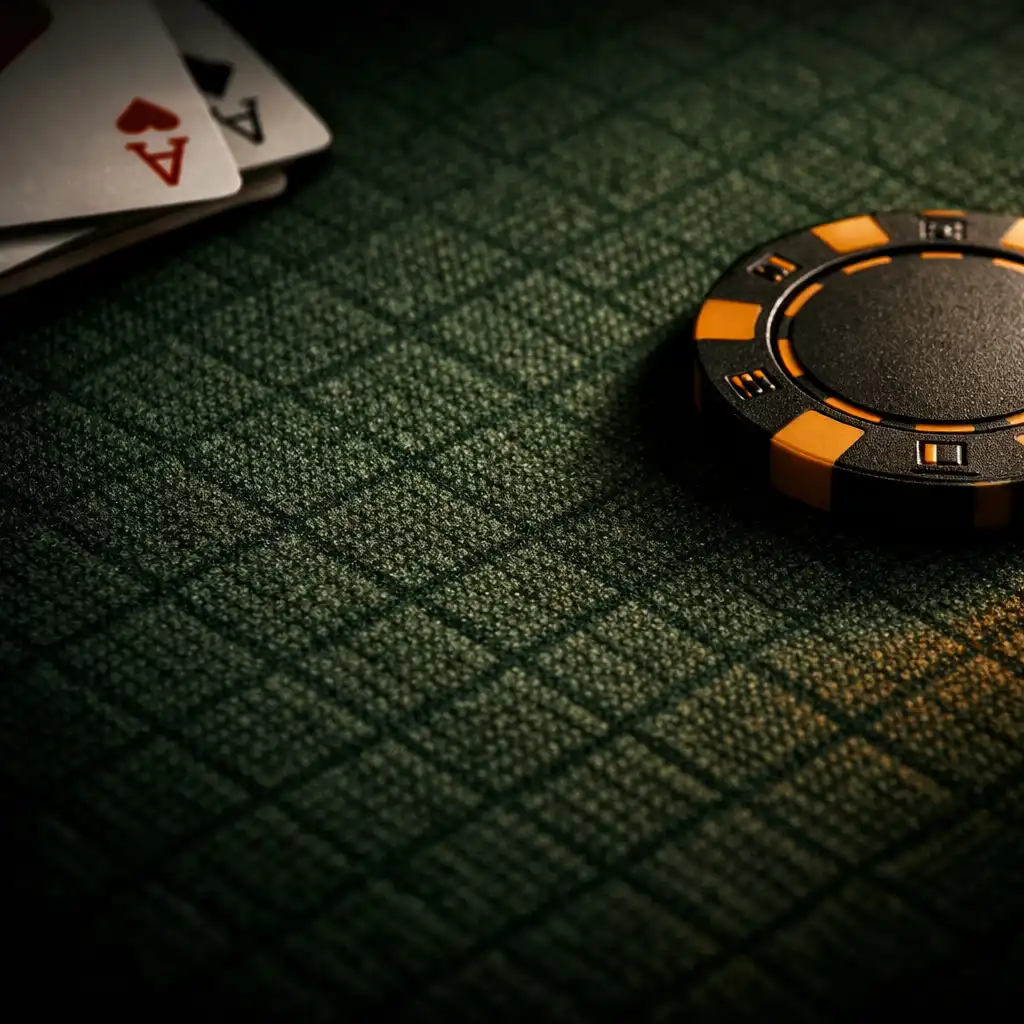 Close-up of premium poker table felt with a poker chip and playing cards