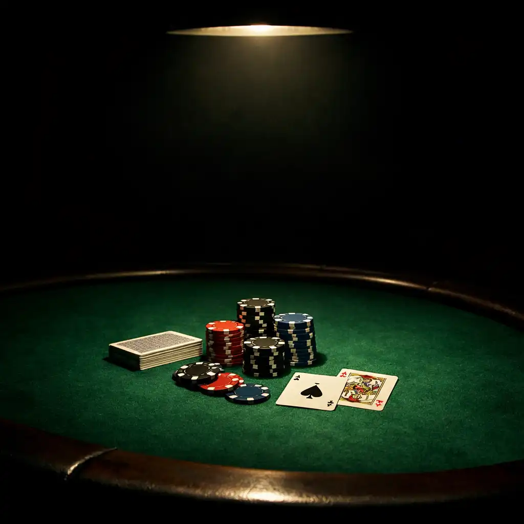 Premium poker table with green felt and stacked chips under dramatic lighting
