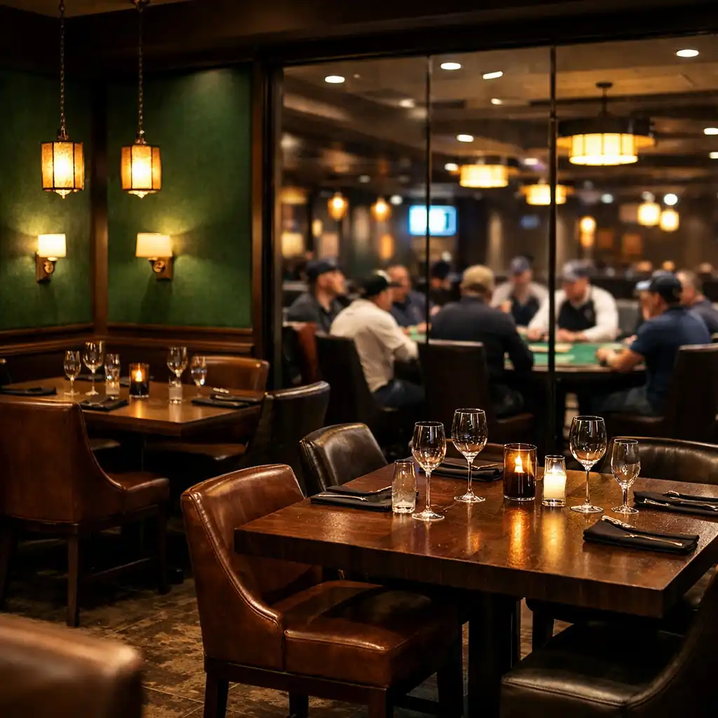 Sophisticated restaurant interior at Card Hall Brumby with a view of the poker room