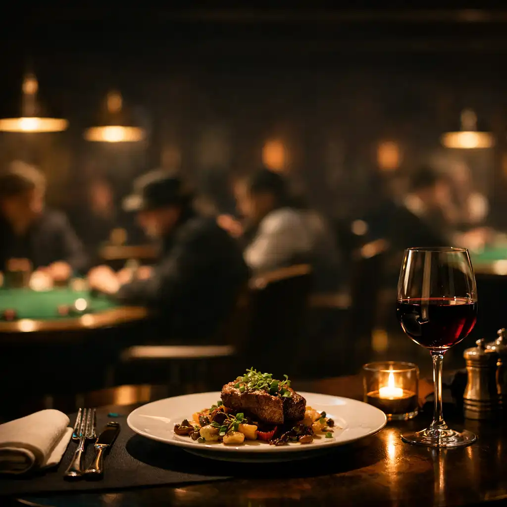Premium restaurant table at Card Hall Brumby with a view toward the poker room
