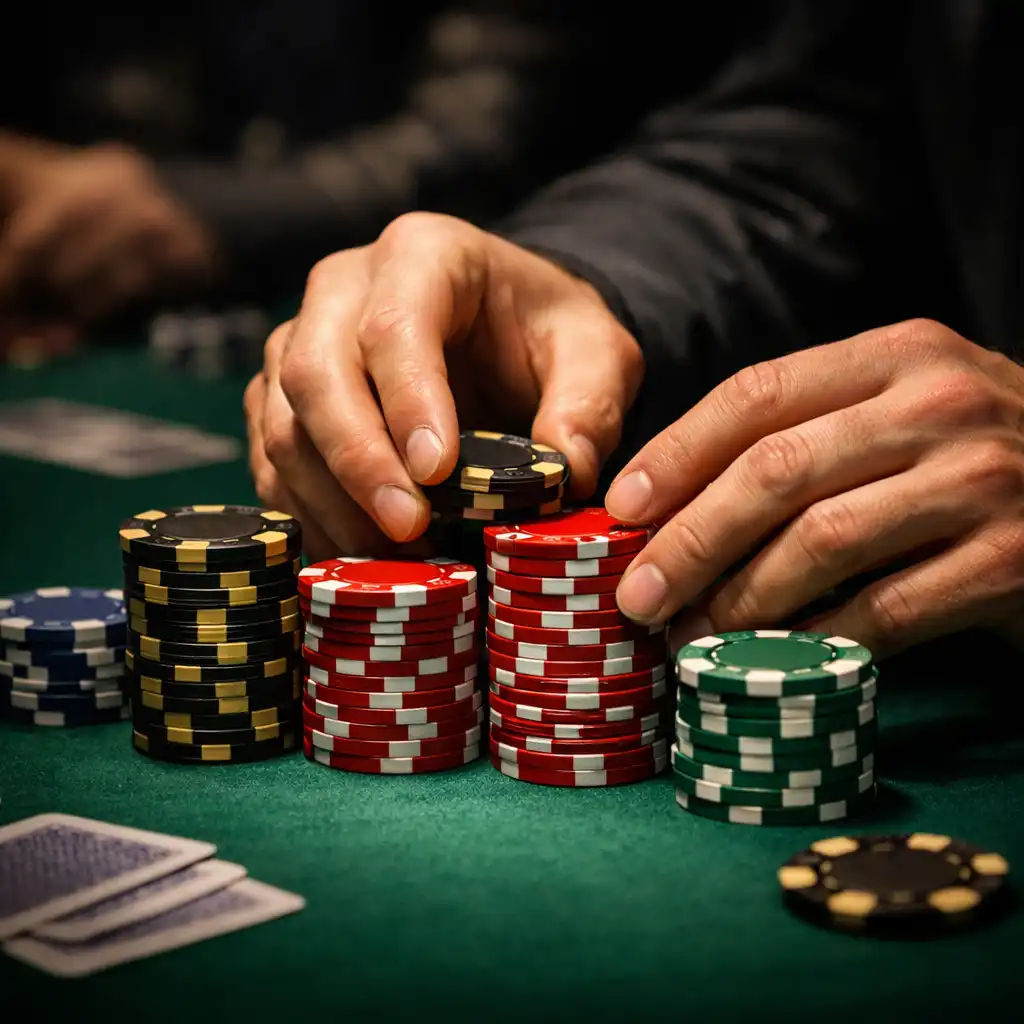 A player stacking poker chips during a tense tournament hand